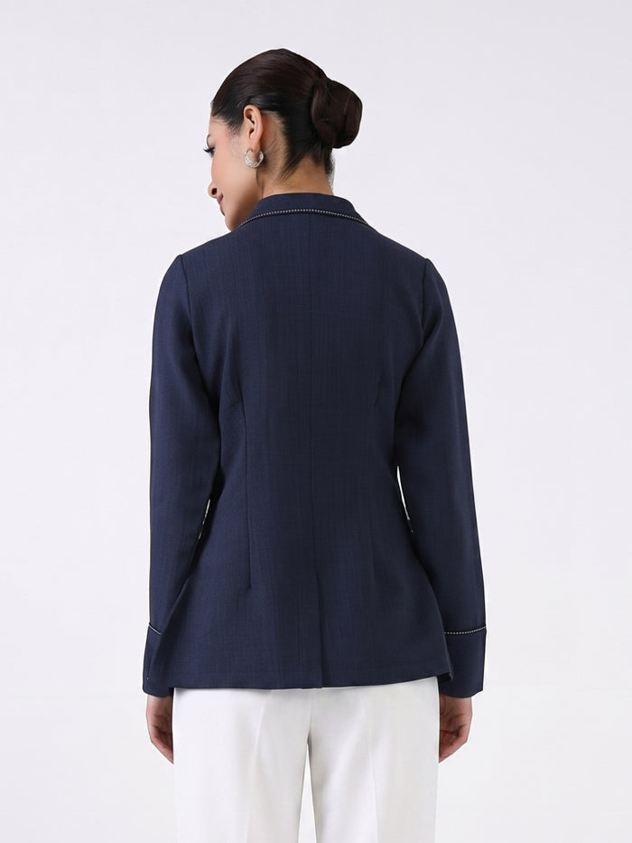 Women Navy Blue Blazer Style Top