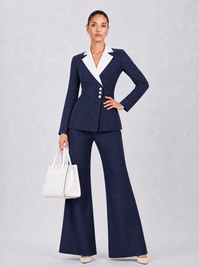 Women Navy Blue Blazer Style Top
