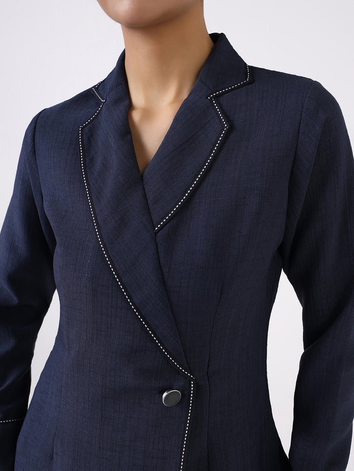 Women Navy Blue Blazer Style Top