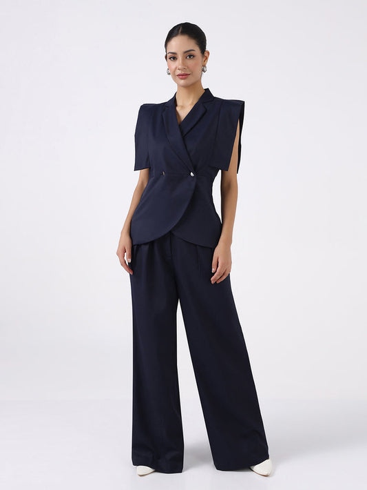 Women Navy Blue Boss Peplum Co-Ord Set