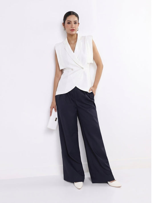 Women Navy Blue High-Rise Pleated Trousers