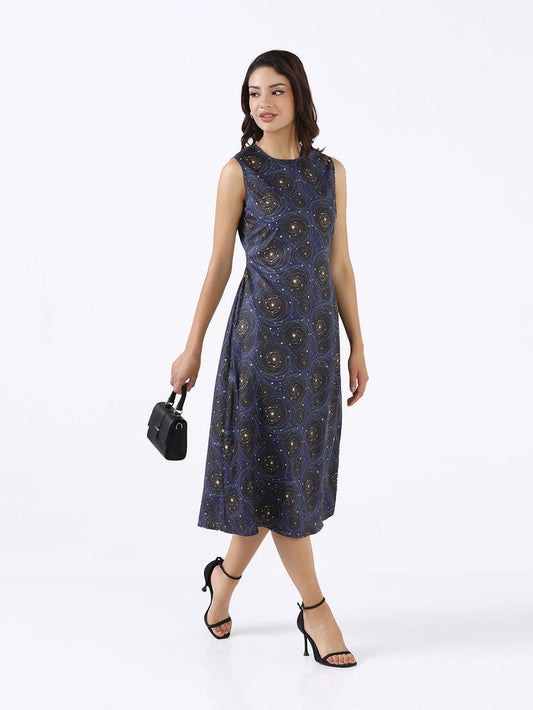 Women Navy Blue Printed  A-Line Midi Dress