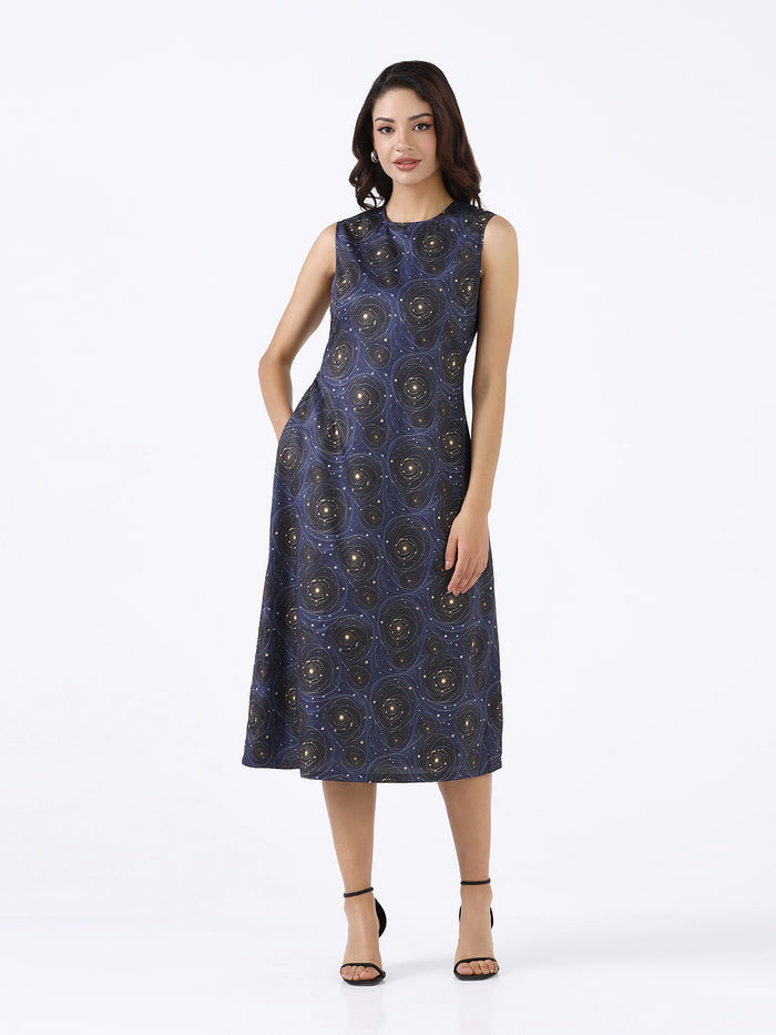 Women Navy Blue Printed  A-Line Midi Dress