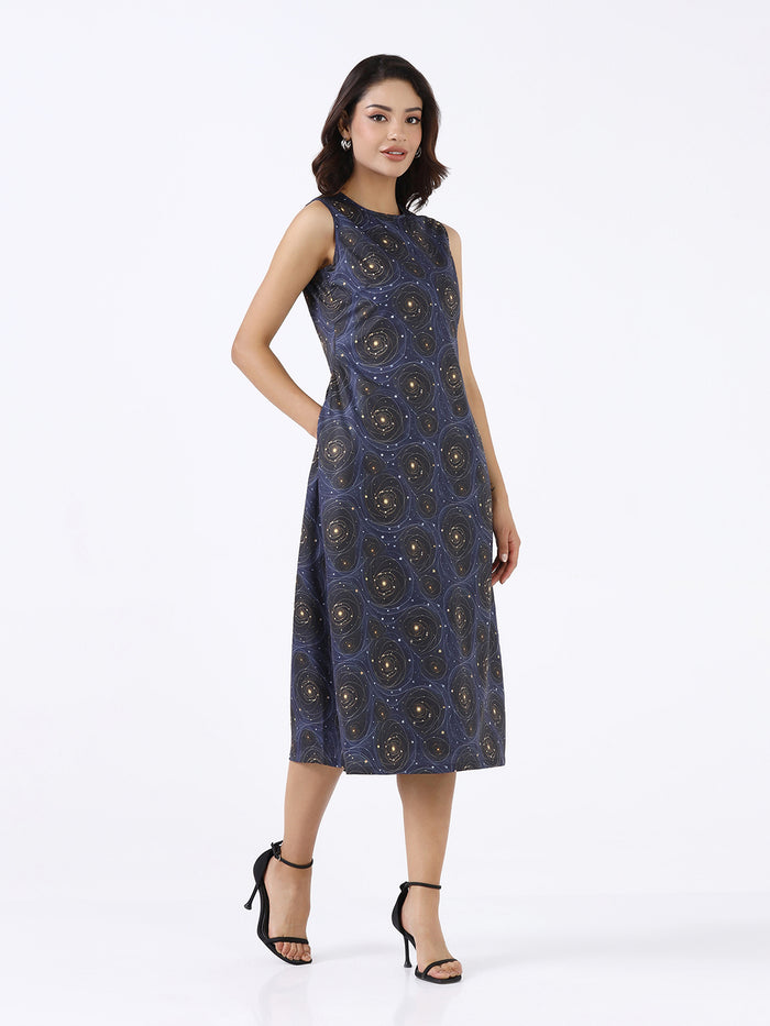 Women Navy Blue Printed  A-Line Midi Dress