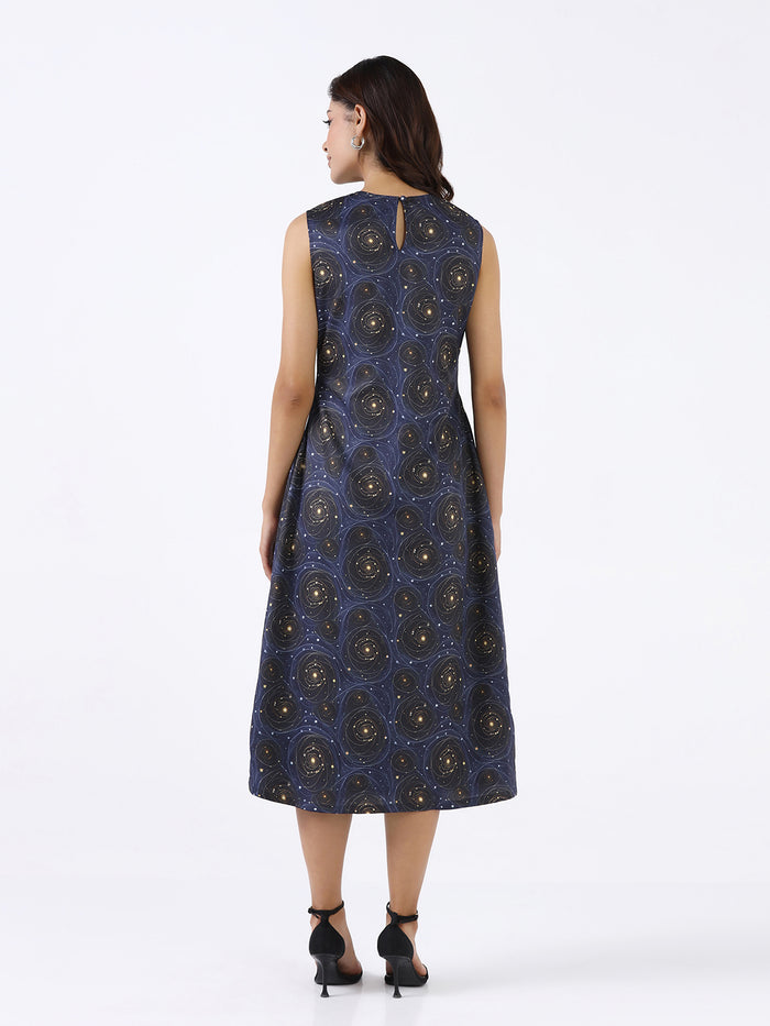 Women Navy Blue Printed  A-Line Midi Dress