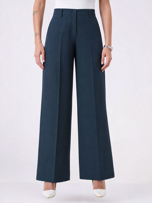 Women Navy Blue Stretch High Rise Pleated Trouser