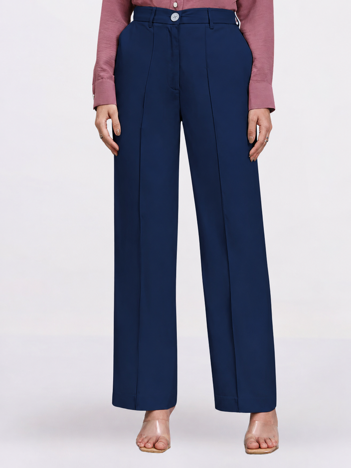 Women Navy Blue Stretch Mid Rise Trouser