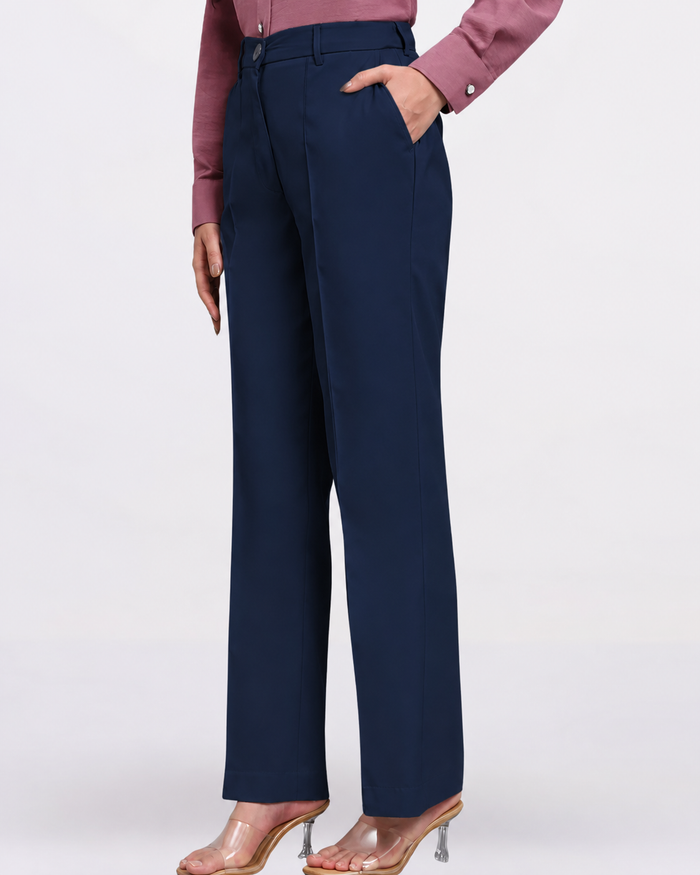 Women Navy Blue Stretch Mid Rise Trouser
