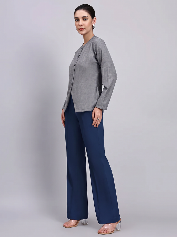 Women Navy Blue Stretch Mid Rise Trouser