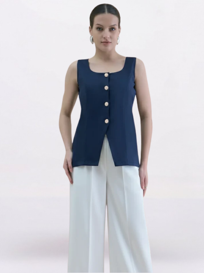 Women Navy Blue U-Neck Straight Fit Waistcoat