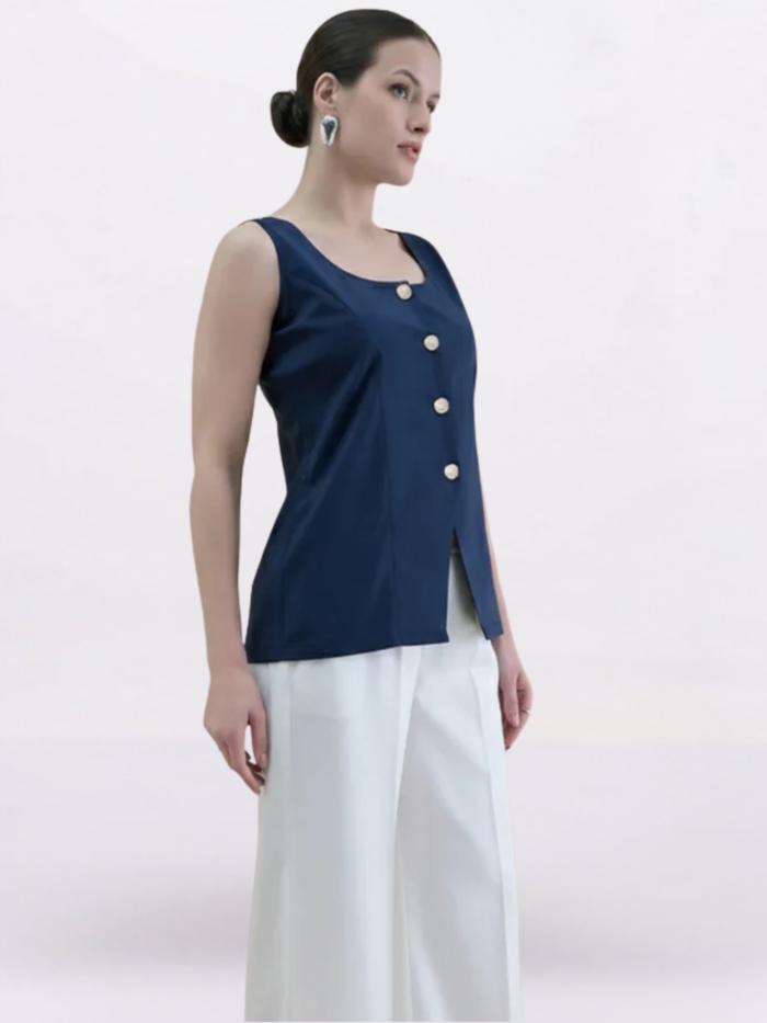 Women Navy Blue U-Neck Straight Fit Waistcoat