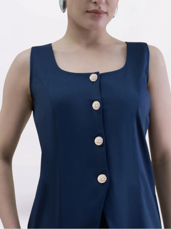 Women Navy Blue U-Neck Straight Fit Waistcoat