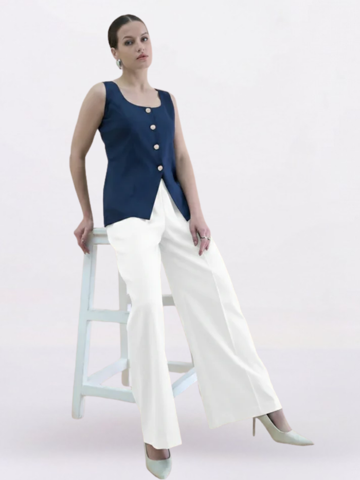 Women Navy Blue U-Neck Straight Fit Waistcoat
