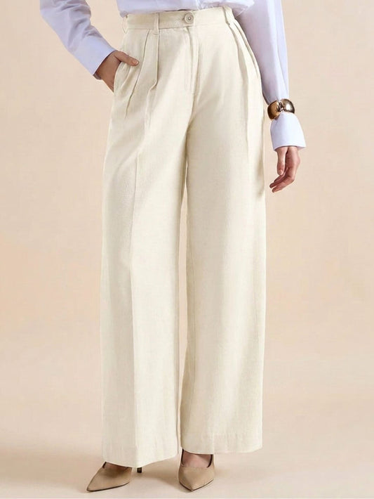 Women Off-White Cotton High Rise Pleated Trouser
