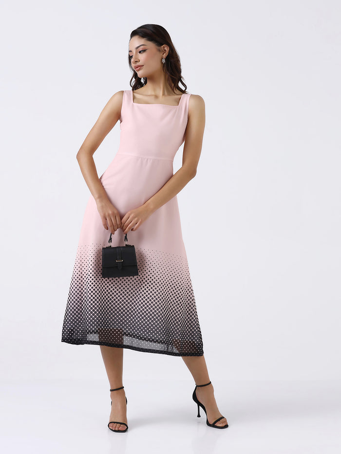 Women Peach Ombre Stretch Flared Midi Dress