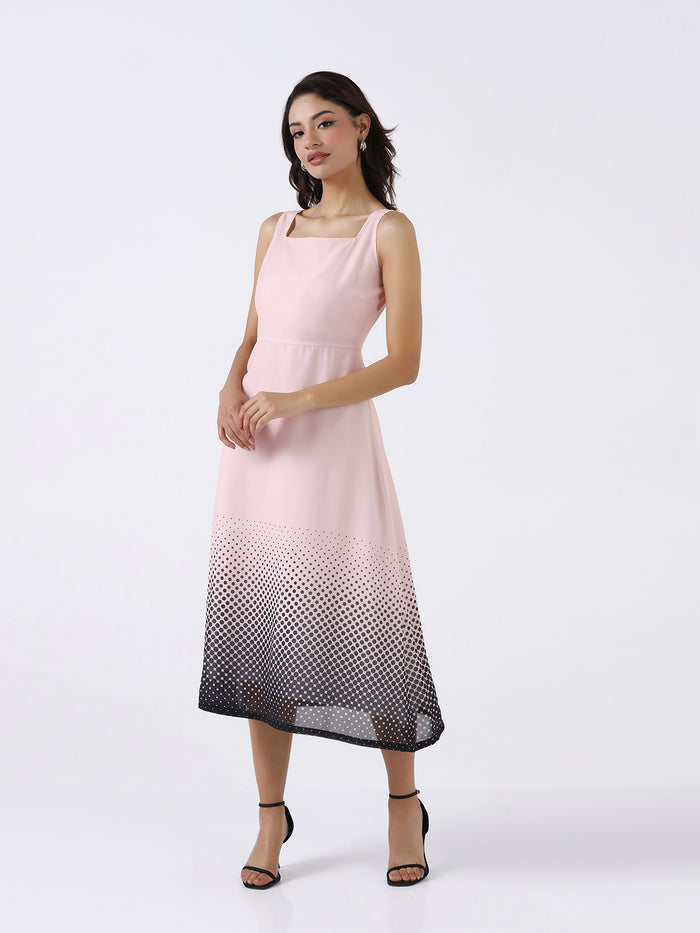 Women Peach Ombre Stretch Flared Midi Dress