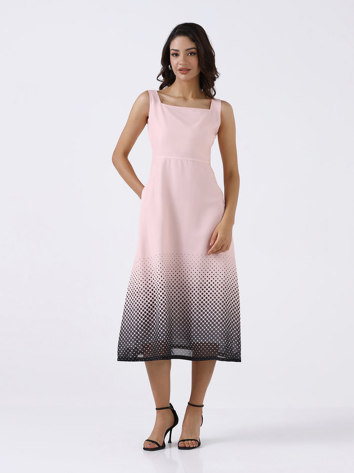 Women Peach Ombre Stretch Flared Midi Dress