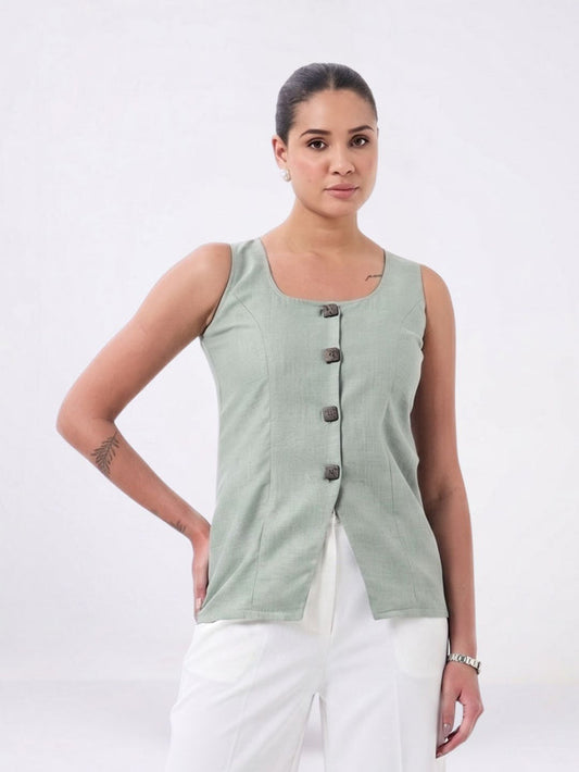 Women Sage Green Button Detail Top