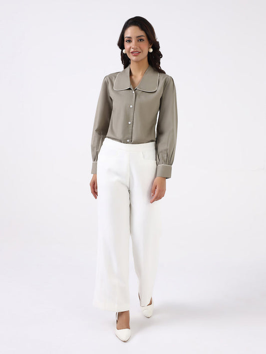 Women Sage-Green Peter Pan Collar Shirt