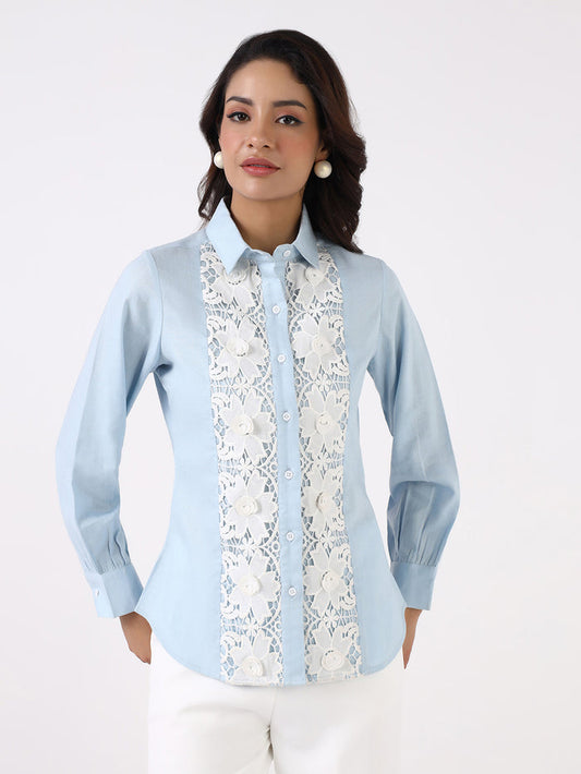 Women Sky Blue Floral Lace Shirt