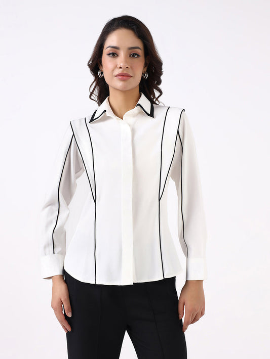 Women White Contrast Piping Shirt