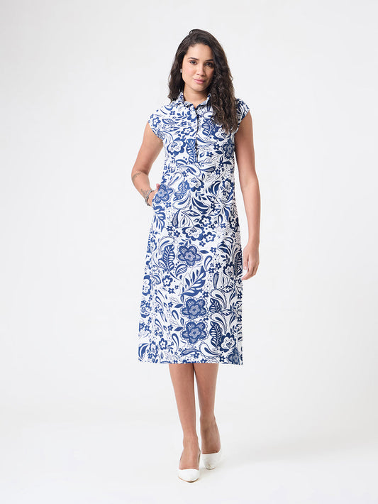 Women White Floral Collared A-Line Dress