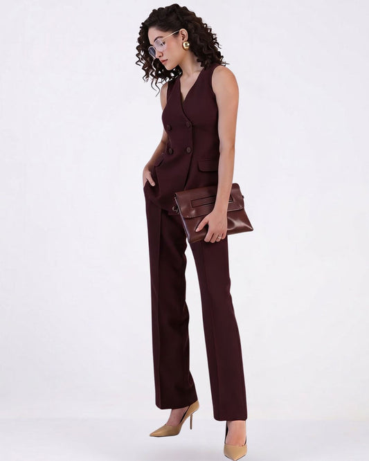 Women Wine Double Breasted Co-ord Set