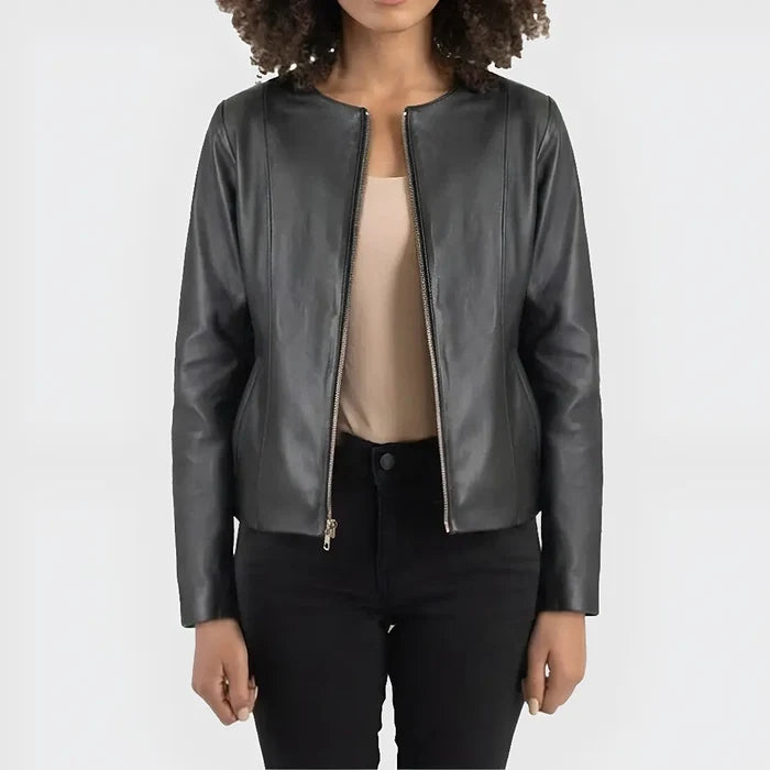 Women's Black Collarless Leather Jacket