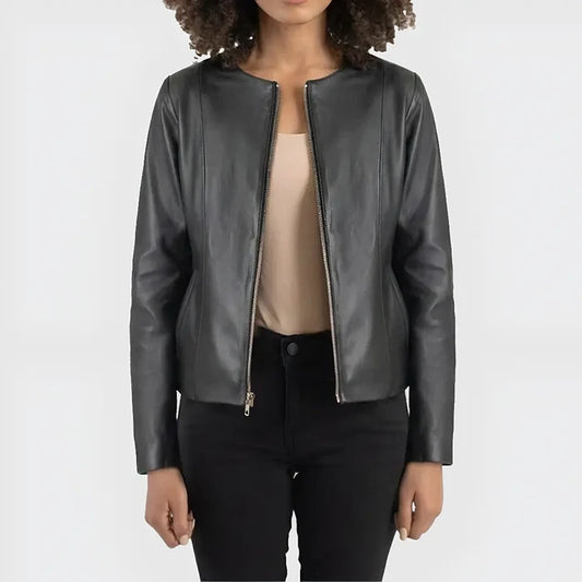 Women's Black Collarless Leather Jacket