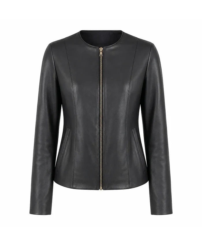 Women's Black Collarless Leather Jacket