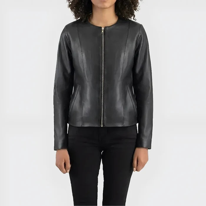 Women's Black Collarless Leather Jacket