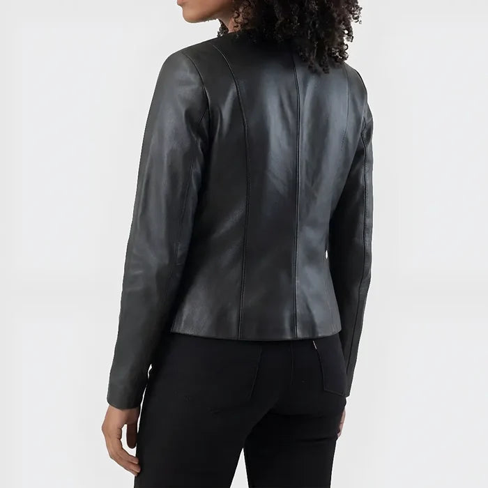Women's Black Collarless Leather Jacket