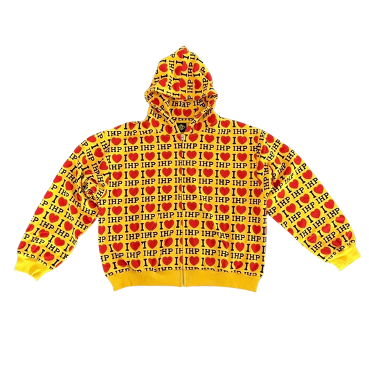 Yellow all over print heart zip up hoodie