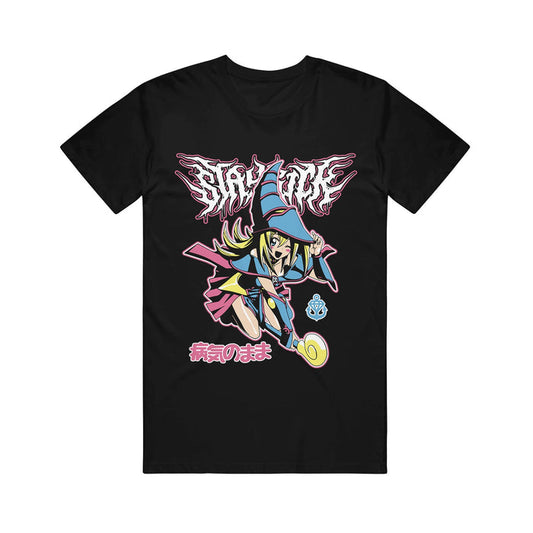 A black Stay Sick Clothing Yu-Gi-Oh T-shirt featuring an illustrated magical girl in a blue and pink outfit with a staff, colorful Japanese characters below, and stylized white and pink text above.